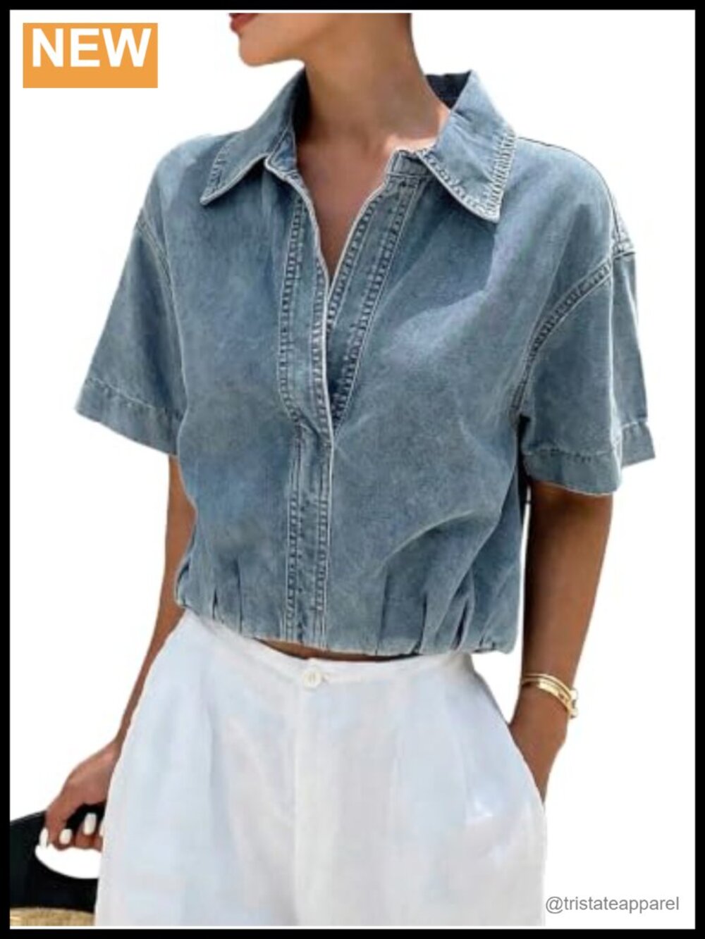 Y2K Short Sleeve Denim Crop Top V Neck Jean Blouse Streetwear